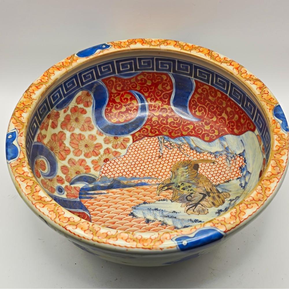 Antique Japanese Imari Porcelain Bowl Hawk Falcon Meiji Edo 19th C As Is Cracked